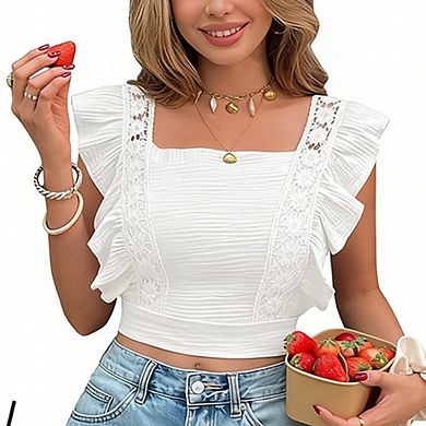 Women's Casual Cotton Blend Crop Top Square Neck Lace Trim Ruffle Sleeve Blouse