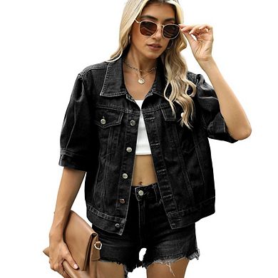 Women's Washed Slimming Loose Short Sleeve Denim Jacket Collared Button Up Denim Jacket