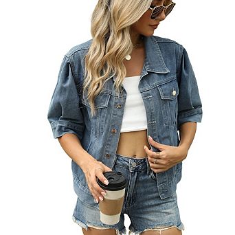 Women's Washed Slimming Loose Short Sleeve Denim Jacket Collared Button Up Denim Jacket