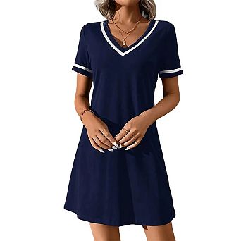 Elegant V Neck Dresses for Women Going Out Trendy Tunic Mini Dresses Swing Short Sleeve Dress