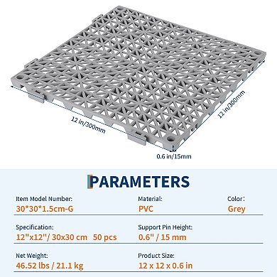 50Pcs Interlocking PVC Drainage Tiles for Bathroom Kitchen, Soft Anti-Slip Floor Mat for Wet Areas