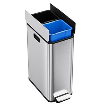 Dual Compartment Kitchen Trash Can, Stainless Steel Step-On Bin, Removable Inner Buckets