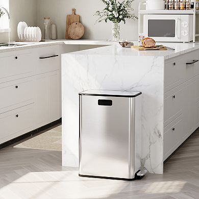 Dual Compartment Kitchen Trash Can, Stainless Steel Step-On Bin, Removable Inner Buckets