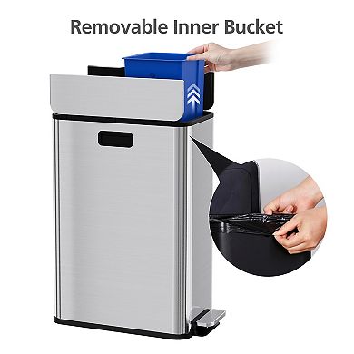 Dual Compartment Kitchen Trash Can, Stainless Steel Step-On Bin, Removable Inner Buckets