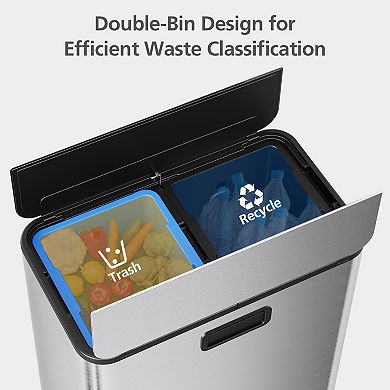 Dual Compartment Kitchen Trash Can, Stainless Steel Step-On Bin, Removable Inner Buckets