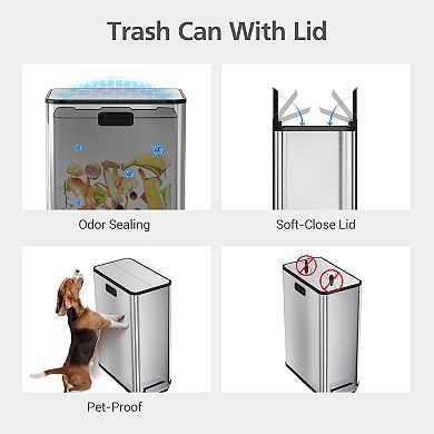 Dual Compartment Kitchen Trash Can, Stainless Steel Step-On Bin, Removable Inner Buckets