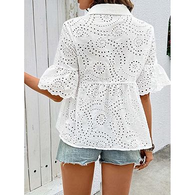 Seoria Womens Short Sleeve Eyelet Blouse Button Down Peplum Casual Top