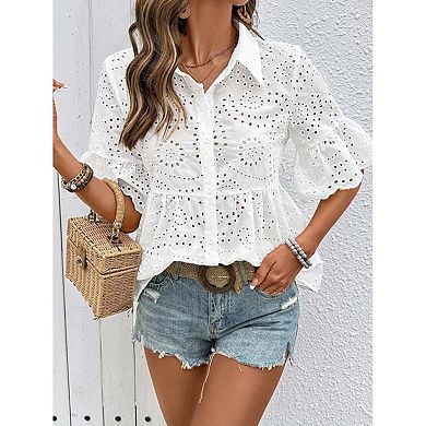 Seoria Womens Short Sleeve Eyelet Blouse Button Down Peplum Casual Top