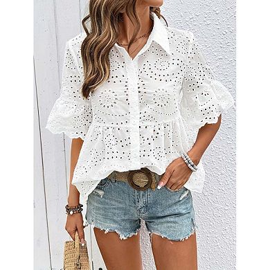 Seoria Womens Short Sleeve Eyelet Blouse Button Down Peplum Casual Top
