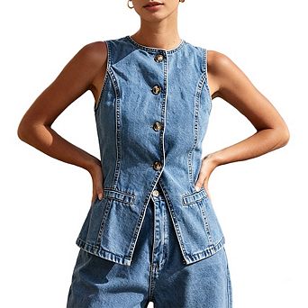 Vintage Sleeveless Denim Top Fitted Button-Down Vest