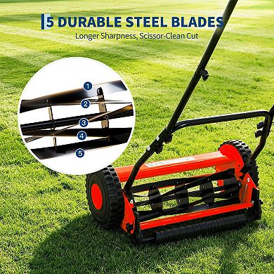 14-16" Eco-Friendly 5-Blade Reel Mower - Manual Push, Adjustable Height, Lightweight for Small Yards
