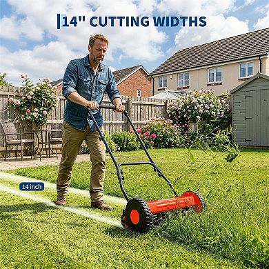 14-16" Eco-Friendly 5-Blade Reel Mower - Manual Push, Adjustable Height, Lightweight for Small Yards
