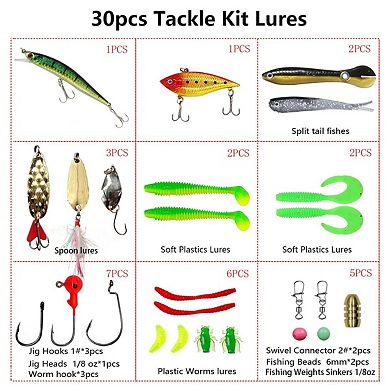 30Pcs Fishing Lures Kit Crankbaits Spinnerbaits Worms Jigs Hooks