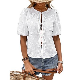 Women's Tie Front Blouses Crewneck Short Puff Sleeve Shirts Tops