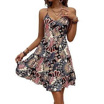Women's Summer V Neck Floral Printing Dresses Spaghetti Strap A Line Tie Back Short Sundress