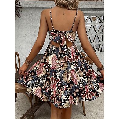 Women's Summer V Neck Floral Printing Dresses Spaghetti Strap A Line Tie Back Short Sundress