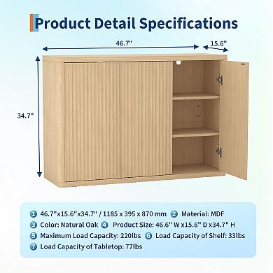 3-Door Fluted Storage Cabinet, Sideboard with Adjustable Shelves, Modern Accent Sideboard Buffet