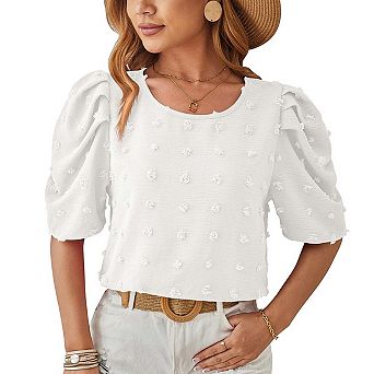 Seoria Womens Round Neck Puff Short Sleeve Swiss Dot Casual Blouse Top