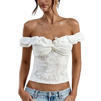 Women's Off-the-Shoulder Floral Lace Top Ruffle Trim Twisted Bust Form-Fitting Cropped Blouse