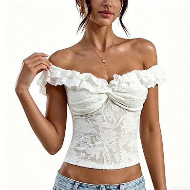 Women's Off-the-Shoulder Floral Lace Top Ruffle Trim Twisted Bust Form-Fitting Cropped Blouse