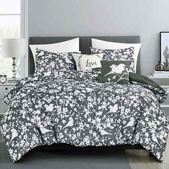 5 pc Jacquard Comforter Set - Charcoal Grey Bird & Floral Bedding