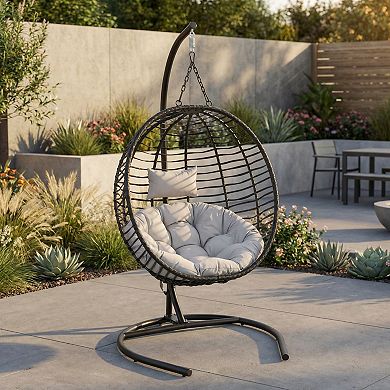 Eazegath Outdoor Single Foldable Egg Swing Chair Hanging Hammock with Iron Stand and Cushion