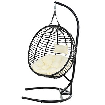 Eazegath Outdoor Single Foldable Egg Swing Chair Hanging Hammock with Iron Stand and Cushion