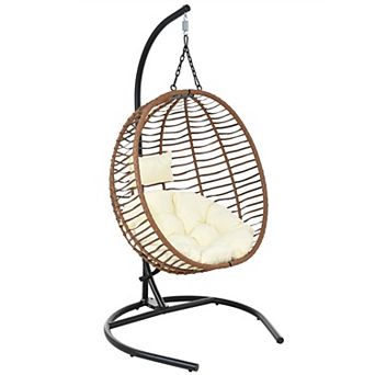 Eazegath Outdoor Single Foldable Egg Swing Chair Hanging Hammock with Iron Stand and Cushion