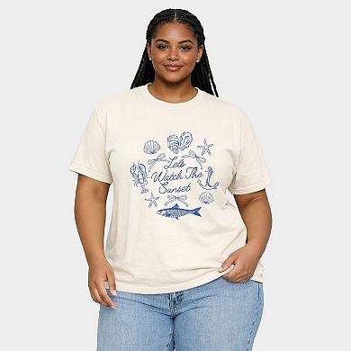 Let's Watch The Sunset Nautical - Women's Plus Sized Garment Dyed Graphic T-Shirt