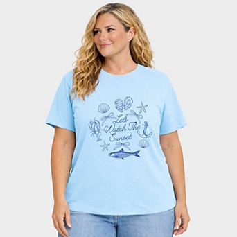Let's Watch The Sunset Nautical - Women's Plus Sized Garment Dyed Graphic T-Shirt