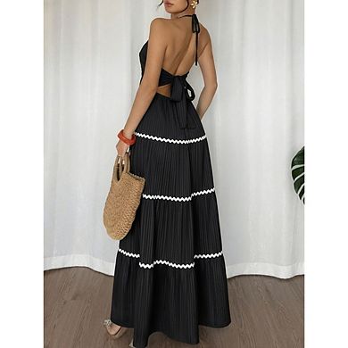 Women's Tie Back Halter Long Dresses Striped A Line Color Block Flowy Maxi Dress