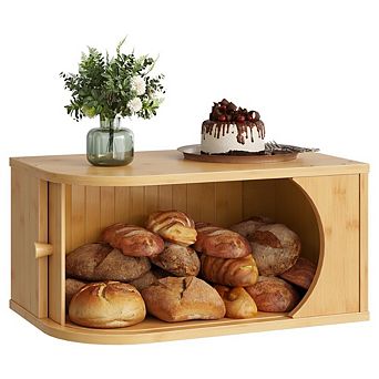 100% Bamboo Corner Bread Box with Roller Door for Kitchen Countertop, Food Storage Container