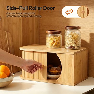 100% Bamboo Corner Bread Box with Roller Door for Kitchen Countertop, Food Storage Container