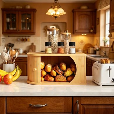 100% Bamboo Corner Bread Box with Roller Door for Kitchen Countertop, Food Storage Container