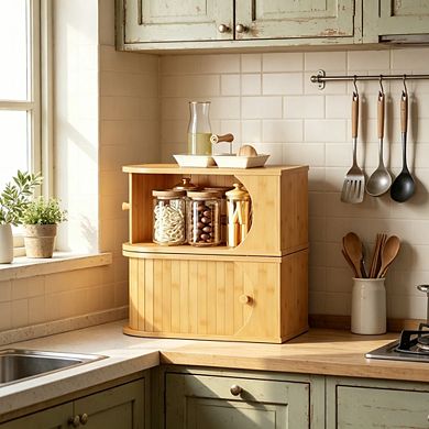 100% Bamboo Corner Bread Box with Roller Door for Kitchen Countertop, Food Storage Container