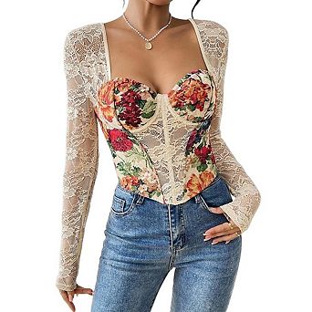 Women's Vintage Floral Corset Top Lace Trim Lace-up Sweetheart Bustier Crop Tube Cami Top