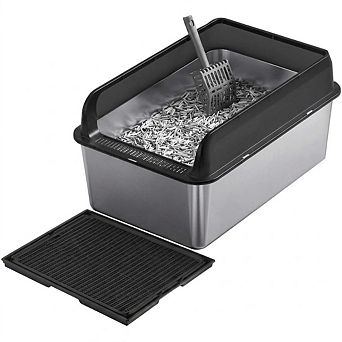 Large Metal Cat Litter Box 6" Deep, Stainless Steel with Sifter Scoop & Double Layer Mat, Non-Stick