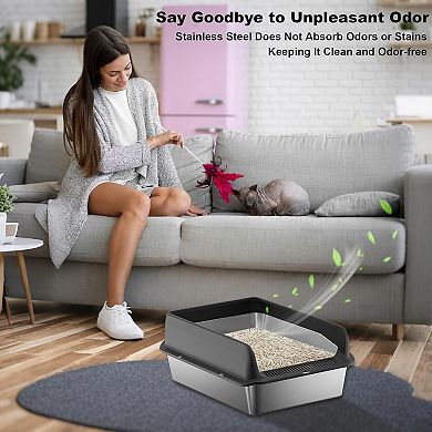 Large Metal Cat Litter Box 6" Deep, Stainless Steel with Sifter Scoop & Double Layer Mat, Non-Stick