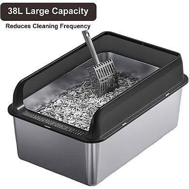 Large Metal Cat Litter Box 6" Deep, Stainless Steel with Sifter Scoop & Double Layer Mat, Non-Stick