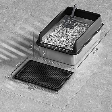 Large Metal Cat Litter Box 6" Deep, Stainless Steel with Sifter Scoop & Double Layer Mat, Non-Stick