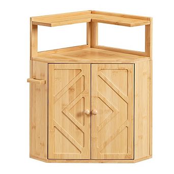 100% Bamboo 2 tier Corner Bread Box ,Bread Storage Container with Removable Shelf & Clip Holder
