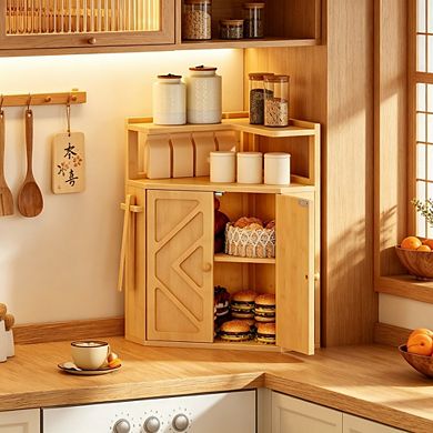 100% Bamboo 2-Tier Corner Bread Box ,Bread Storage Container with Removable Shelf & Clip Holder