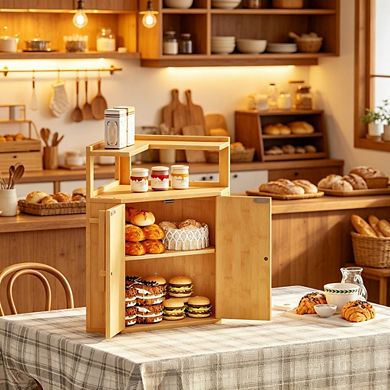 100% Bamboo 2-Tier Corner Bread Box ,Bread Storage Container with Removable Shelf & Clip Holder