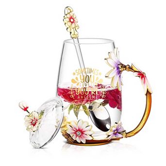 12oz Flower Glass Tea Cups Mom Gift Mothers Day Birthday Grandma