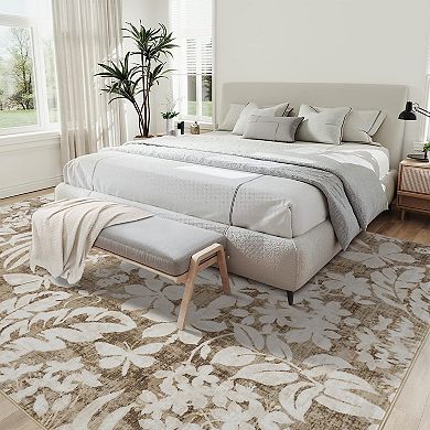 Area Rug Modern Botanical Floral Print Accent Rug with Non-Slip Backing, Soft Low Pile Contemporary