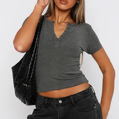 Women's Henley Button Short Sleeve Top Y2K Slim Fit Ribbed Knit Casual Tee