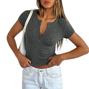 Women's Henley Button Short Sleeve Top Y2K Slim Fit Ribbed Knit Casual Tee