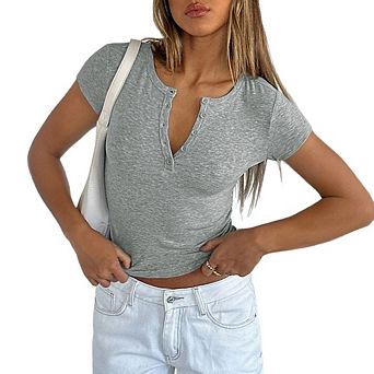 Women's Henley Button Short Sleeve Top Y2K Slim Fit Ribbed Knit Casual Tee