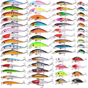 56 pc Fishing Lures Kit Mixed Minnow Popper Crank Baits Hooks
