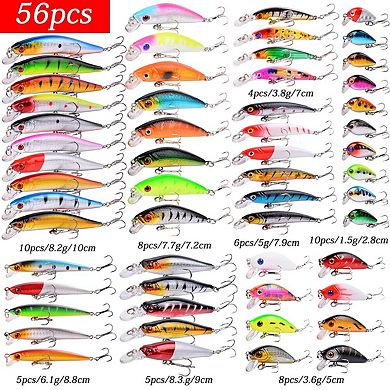 56pcs Fishing Lures Kit Mixed Minnow Popper Crank Baits Hooks